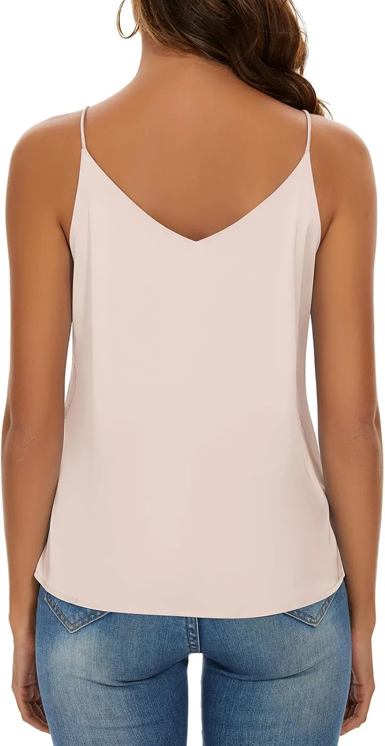 Miqieer Basic Women's Silk Tank Top Ladies V-Neck Camisole Silky Loose Sleeveless Blouse Satin Tank Shirt