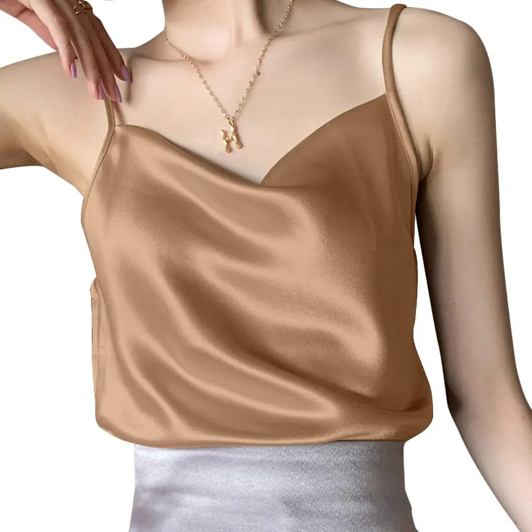 Miqieer Basic Women's Silk Tank Top Ladies V-Neck Camisole Silky Loose Sleeveless Blouse Satin Tank Shirt