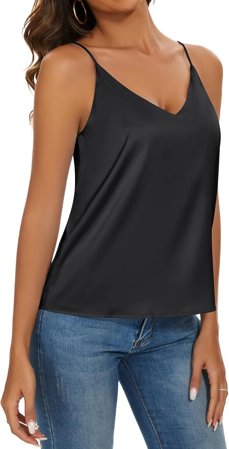 Miqieer Basic Women's Silk Tank Top Ladies V-Neck Camisole Silky Loose Sleeveless Blouse Satin Tank Shirt