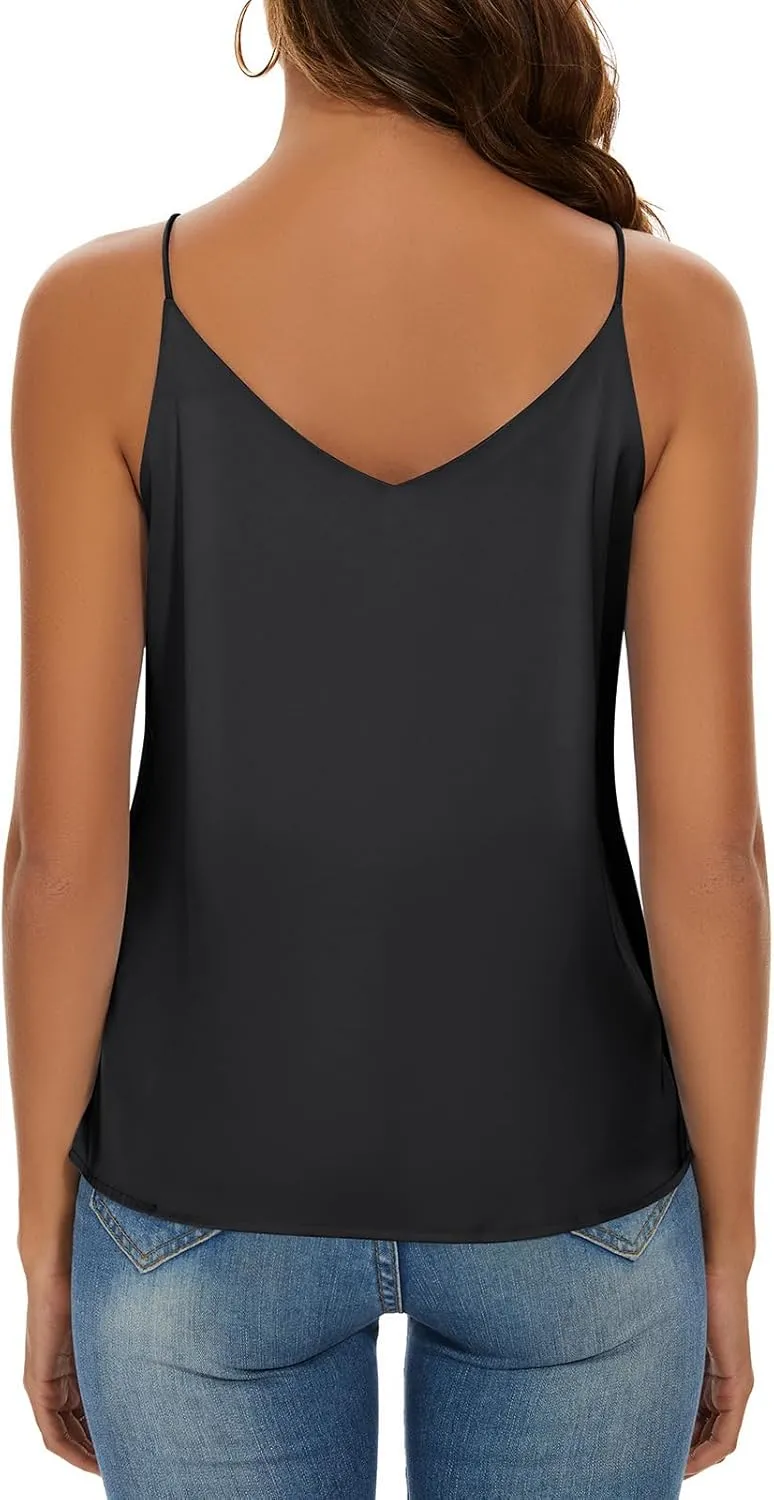 Miqieer Basic Women's Silk Tank Top Ladies V-Neck Camisole Silky Loose Sleeveless Blouse Satin Tank Shirt