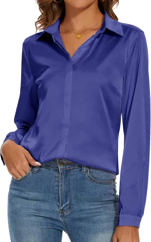 Miqieer Women's Silk Blouse Long Sleeve Lady Shirt Casual Office Work Blouse Shirt Tops