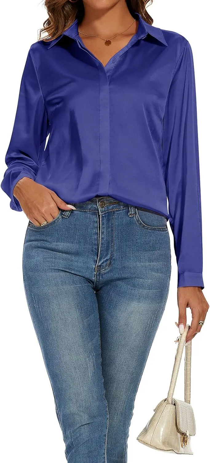 Miqieer Women's Silk Blouse Long Sleeve Lady Shirt Casual Office Work Blouse Shirt Tops