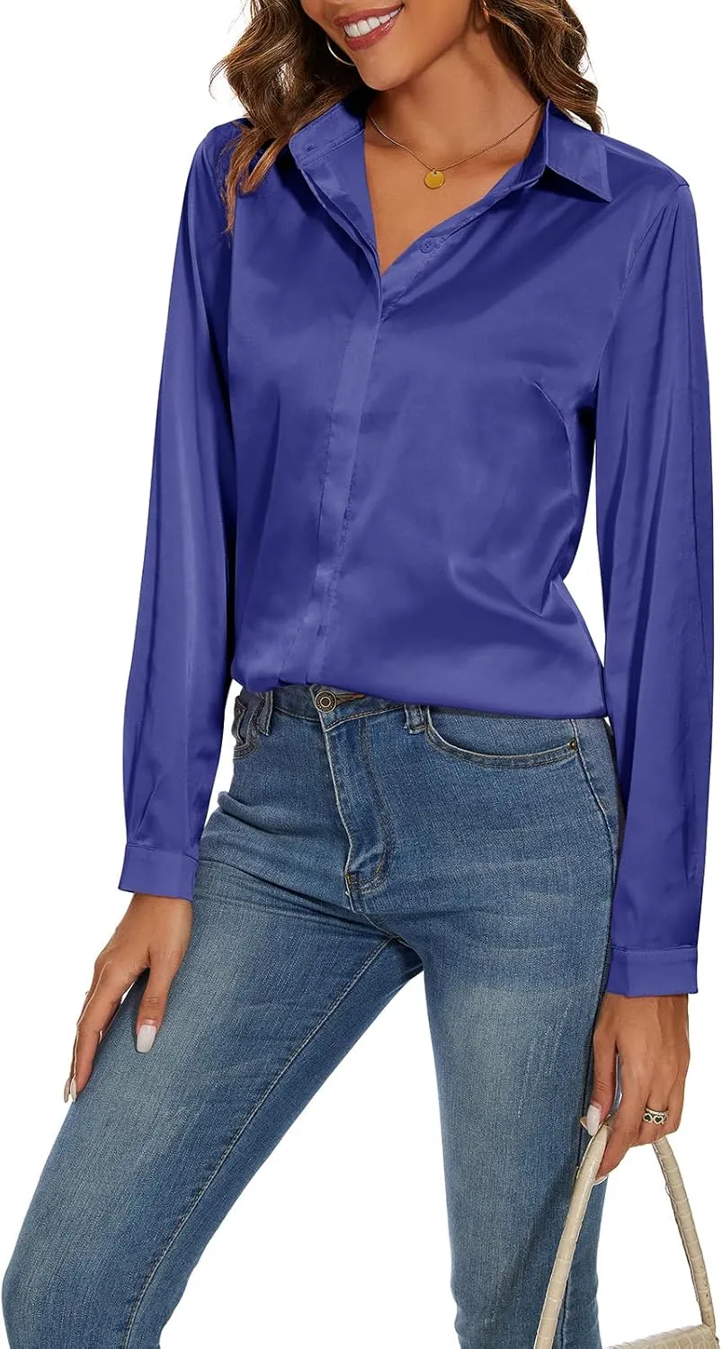 Miqieer Women's Silk Blouse Long Sleeve Lady Shirt Casual Office Work Blouse Shirt Tops