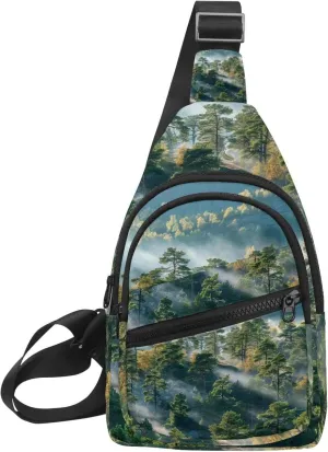 Misty Pine Forest on the Mountain Slope in a Nature Reserve Sling Bag, Crossbody Sling Backpack Travel Hiking Chest Bag Daypack for Purses Shoulder Bag Women Men's