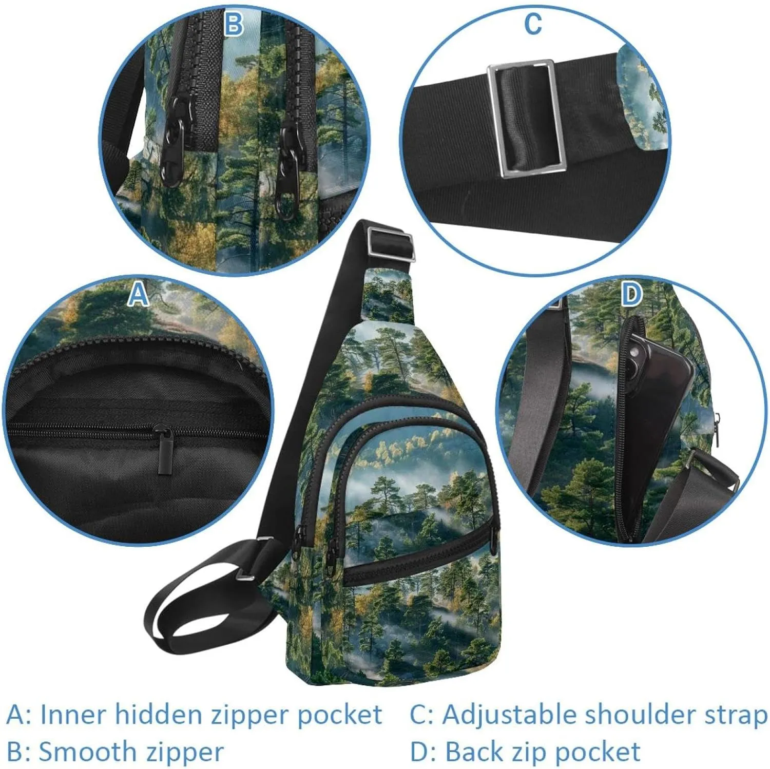 Misty Pine Forest on the Mountain Slope in a Nature Reserve Sling Bag, Crossbody Sling Backpack Travel Hiking Chest Bag Daypack for Purses Shoulder Bag Women Men's