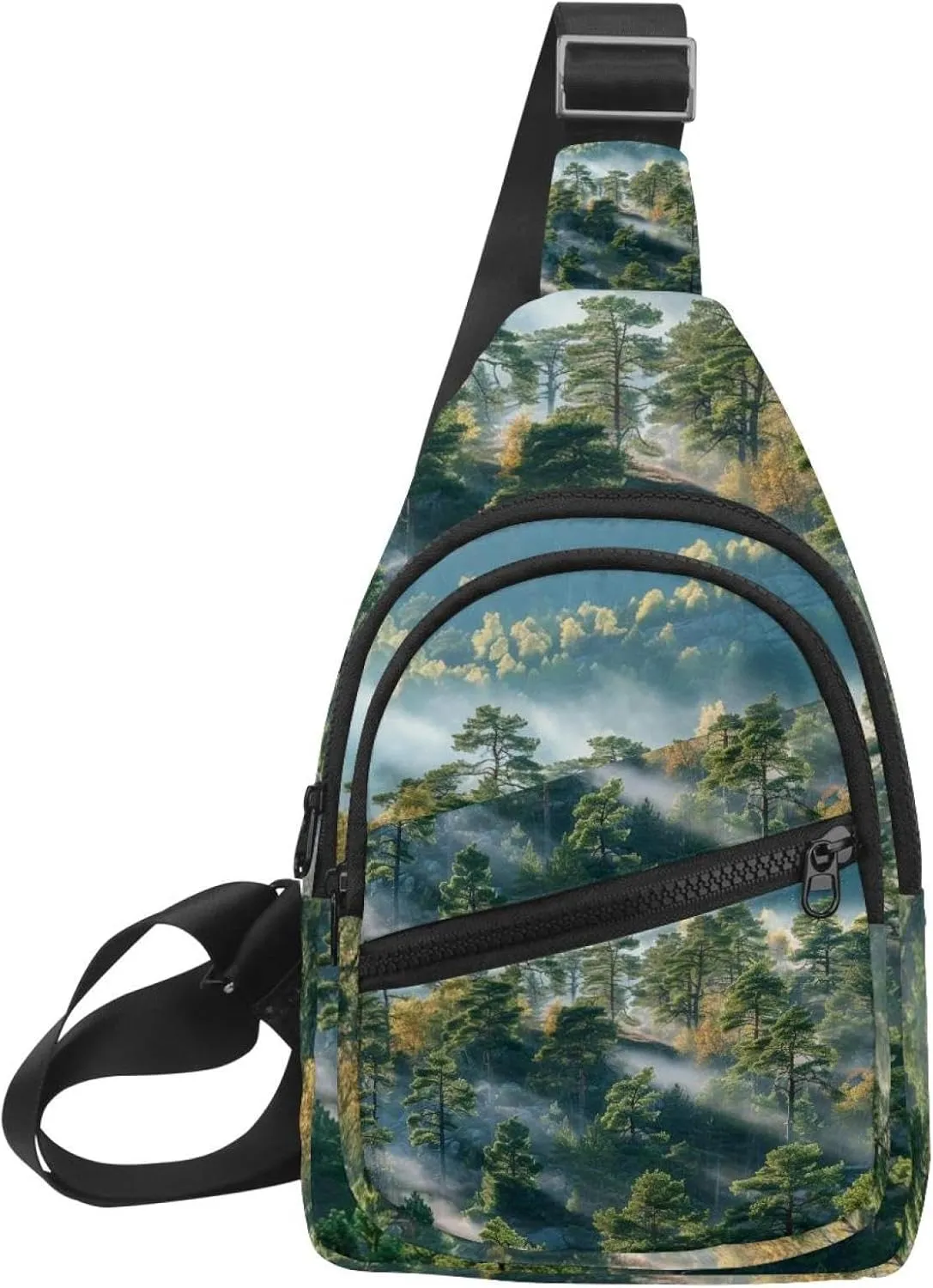 Misty Pine Forest on the Mountain Slope in a Nature Reserve Sling Bag, Crossbody Sling Backpack Travel Hiking Chest Bag Daypack for Purses Shoulder Bag Women Men's