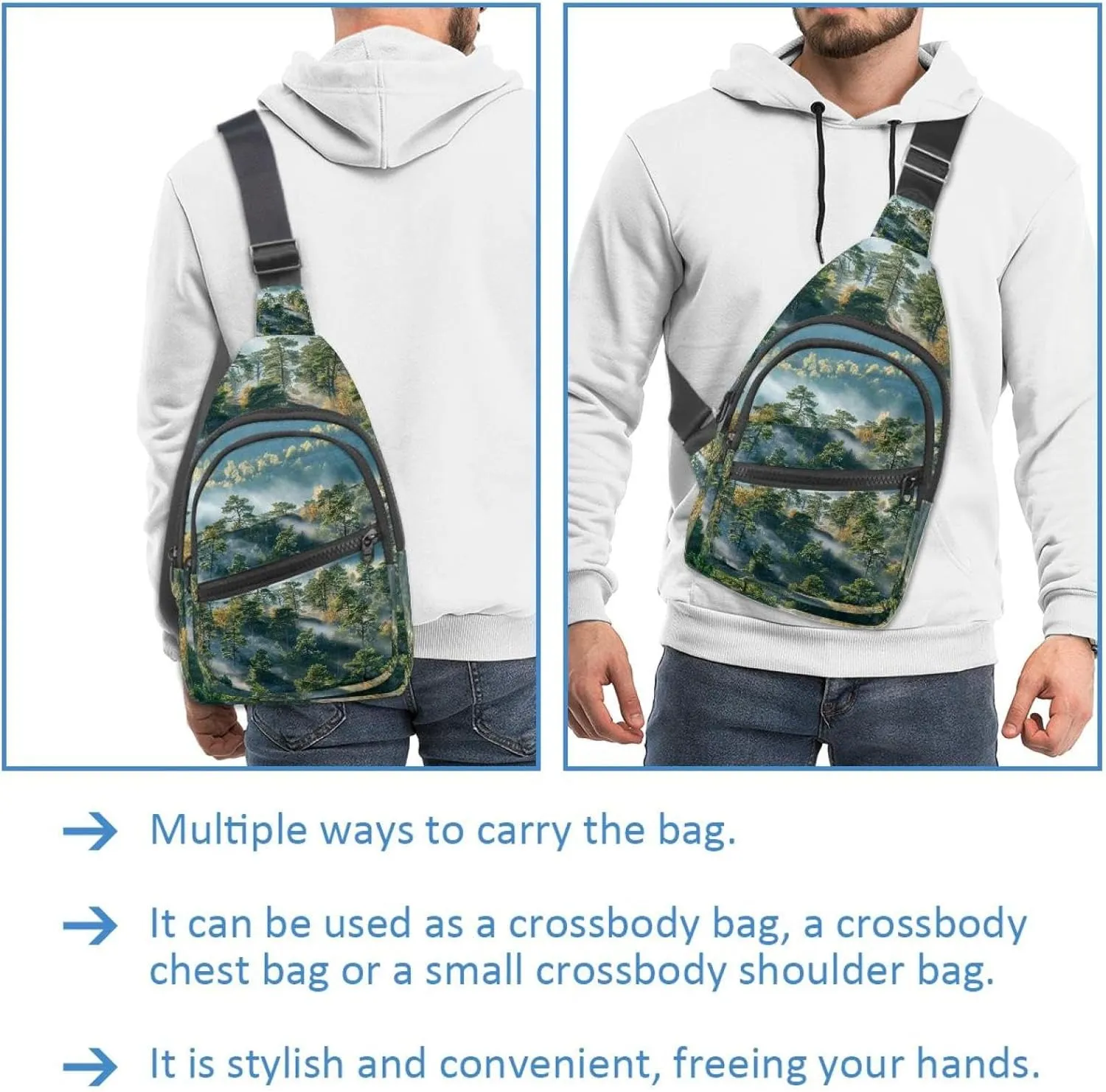 Misty Pine Forest on the Mountain Slope in a Nature Reserve Sling Bag, Crossbody Sling Backpack Travel Hiking Chest Bag Daypack for Purses Shoulder Bag Women Men's