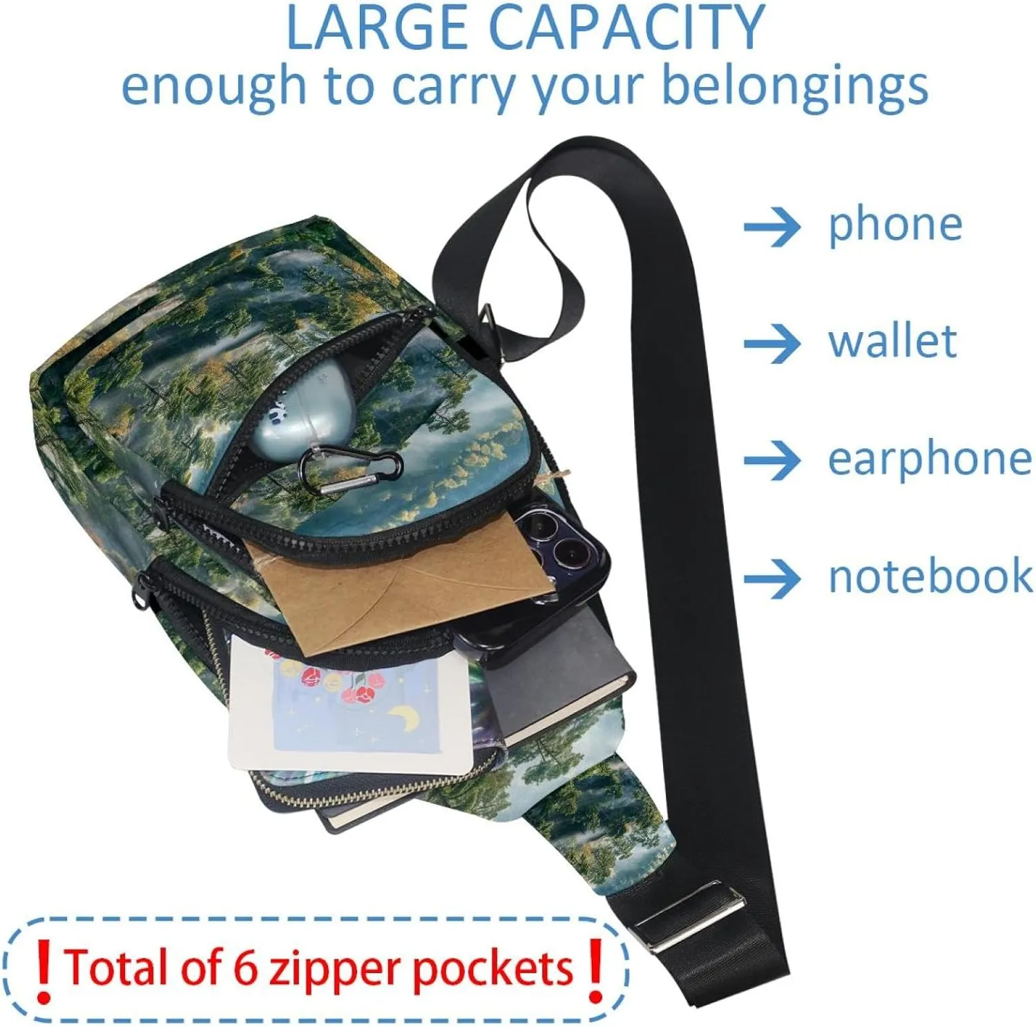 Misty Pine Forest on the Mountain Slope in a Nature Reserve Sling Bag, Crossbody Sling Backpack Travel Hiking Chest Bag Daypack for Purses Shoulder Bag Women Men's
