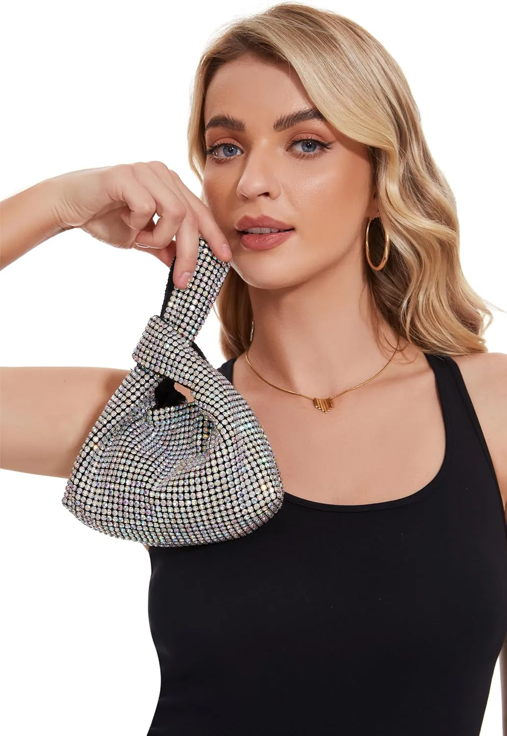 Miuco Mini Rhinestone Hobo Dumpling Bag Crystal Evening Bucket Handbag Bling Sparkling Clutch Crossbody Bag