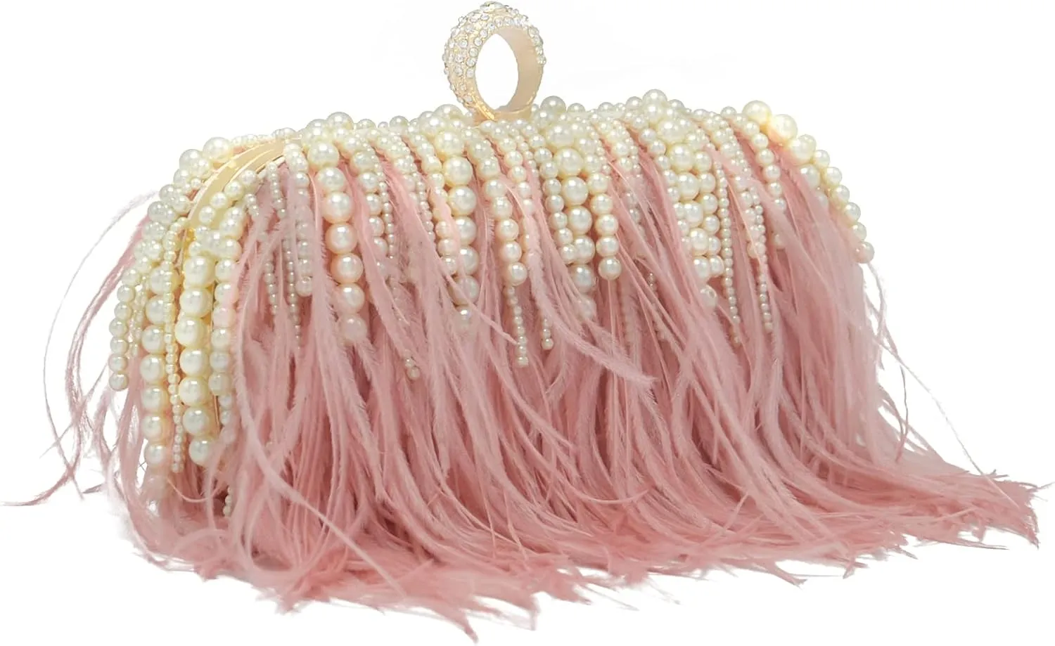 Miuco Ostrich Feather Pearl Clutch Purses For Women Wedding Party Evening Dress Bag Shoulder Bag