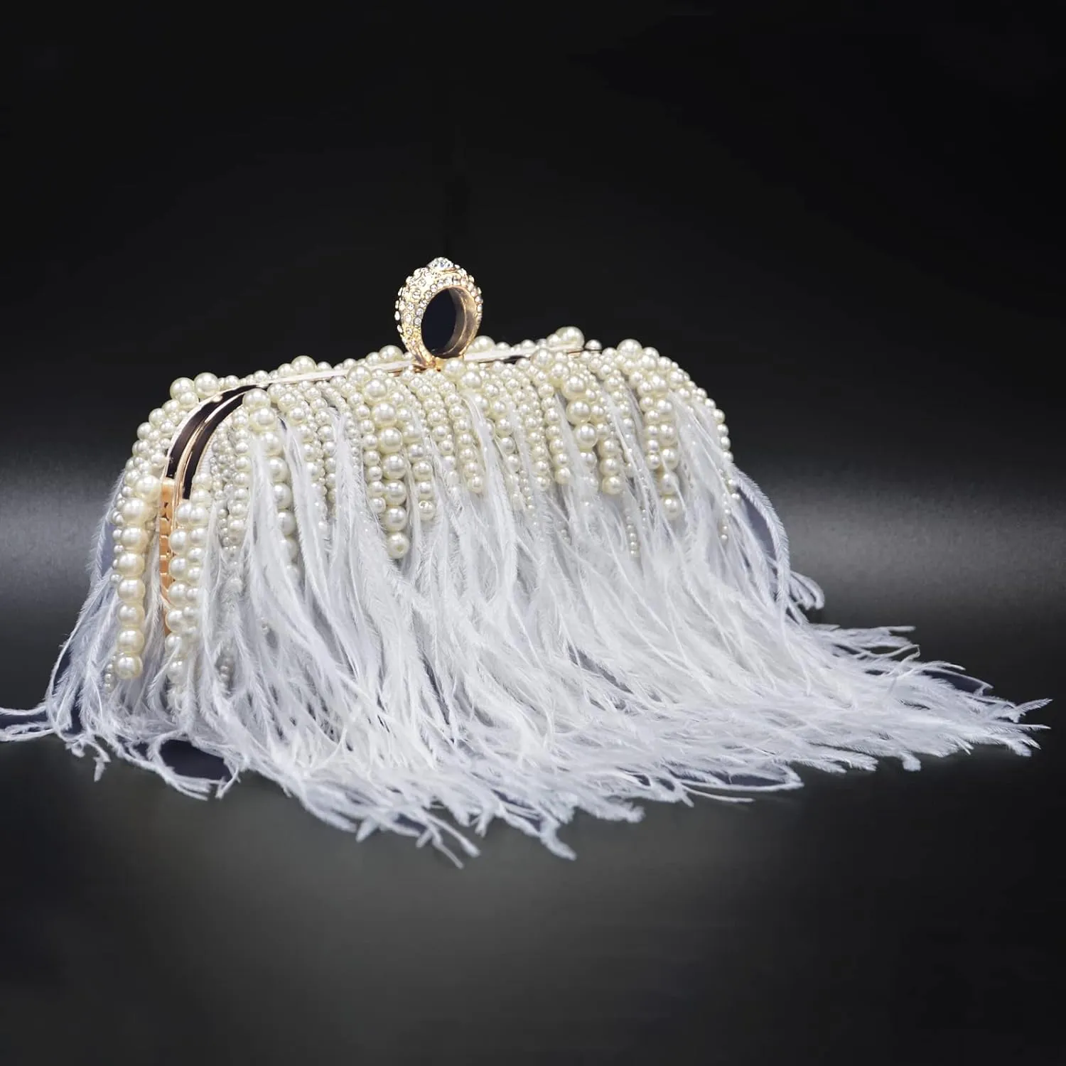 Miuco Ostrich Feather Pearl Clutch Purses For Women Wedding Party Evening Dress Bag Shoulder Bag