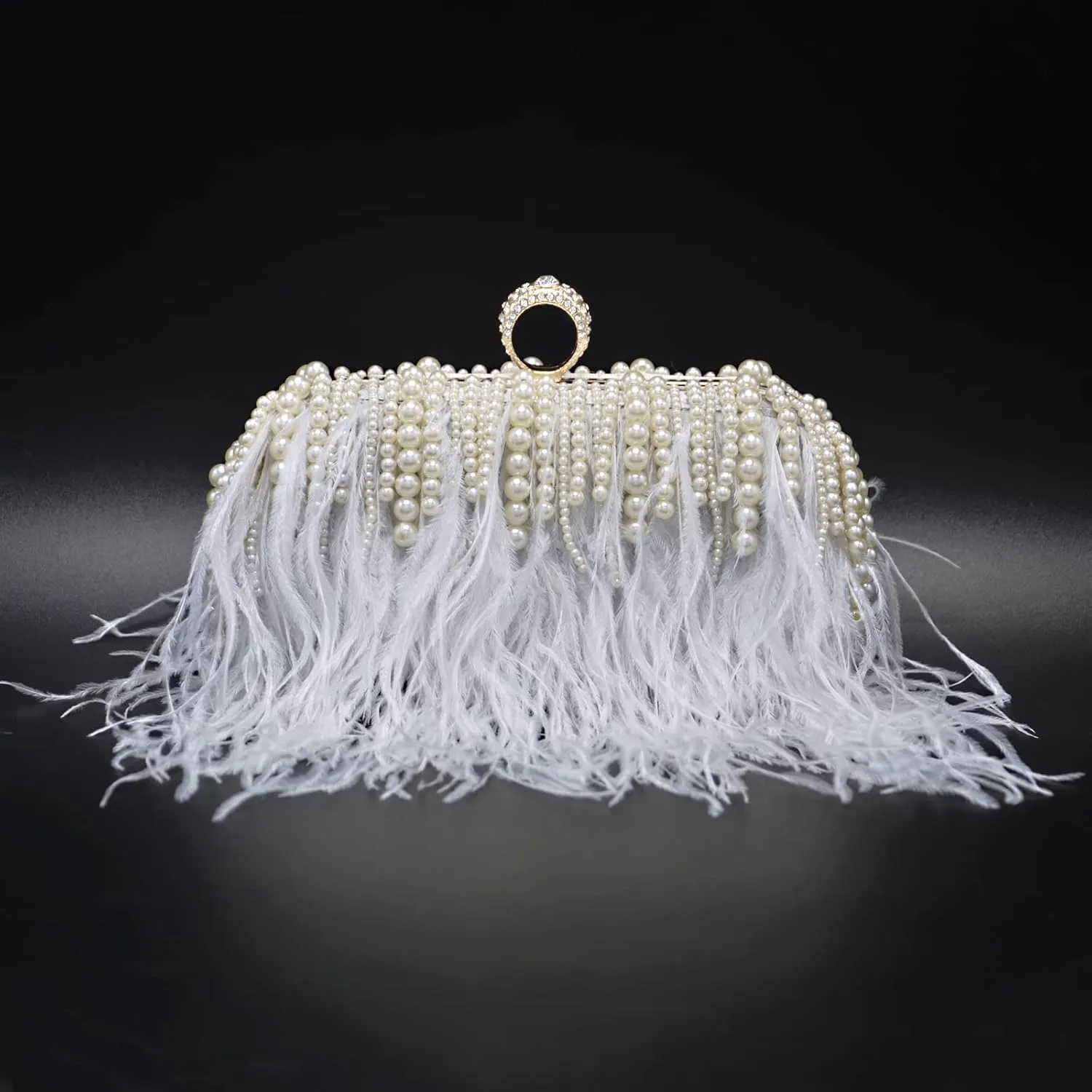 Miuco Ostrich Feather Pearl Clutch Purses For Women Wedding Party Evening Dress Bag Shoulder Bag
