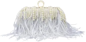 Miuco Ostrich Feather Pearl Clutch Purses For Women Wedding Party Evening Dress Bag Shoulder Bag