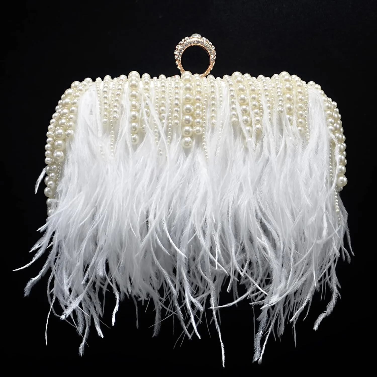 Miuco Ostrich Feather Pearl Clutch Purses For Women Wedding Party Evening Dress Bag Shoulder Bag