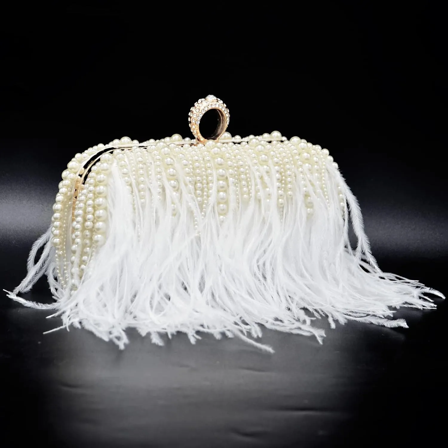 Miuco Ostrich Feather Pearl Clutch Purses For Women Wedding Party Evening Dress Bag Shoulder Bag