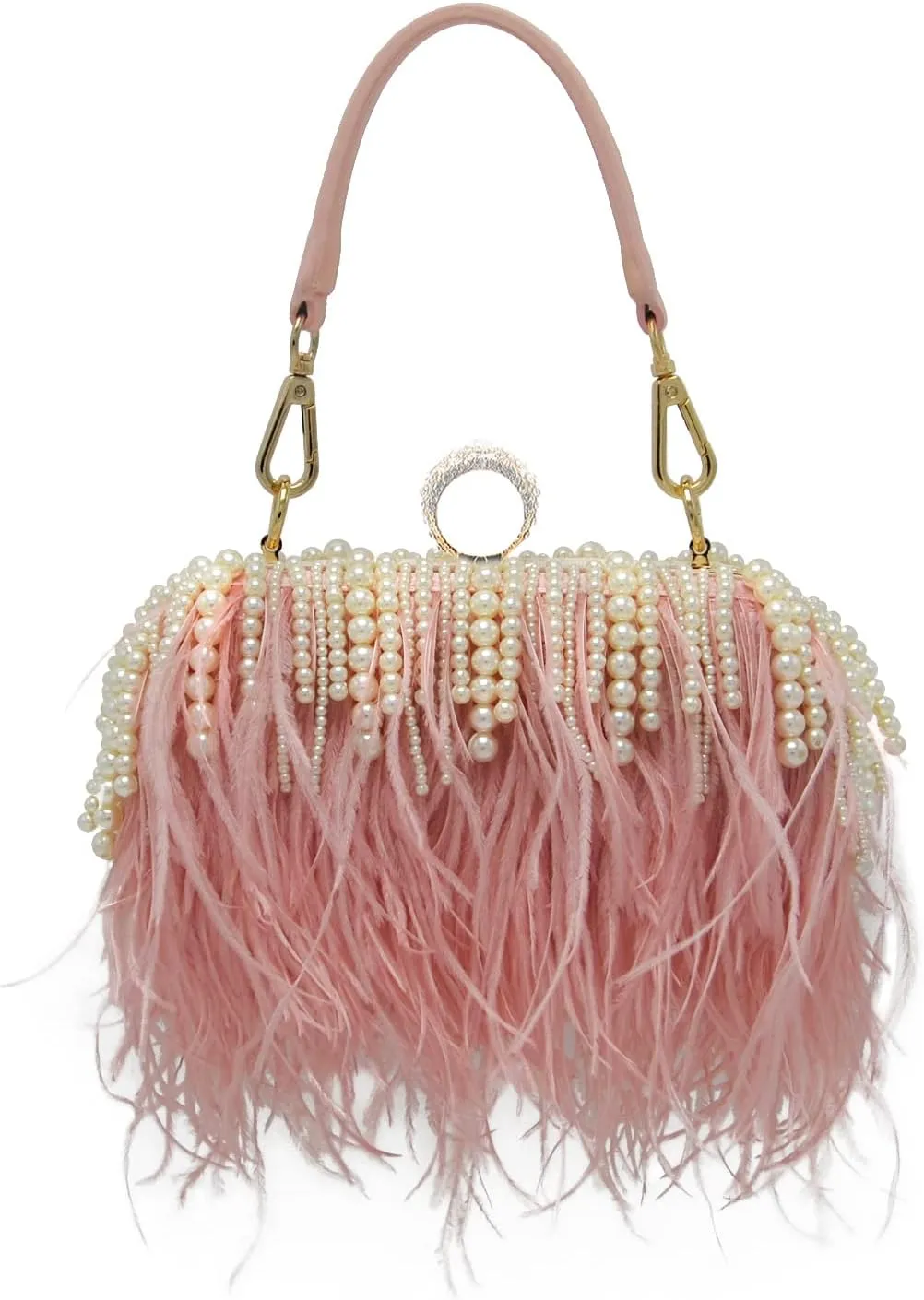 Miuco Ostrich Feather Pearl Clutch Purses For Women Wedding Party Evening Dress Bag Shoulder Bag