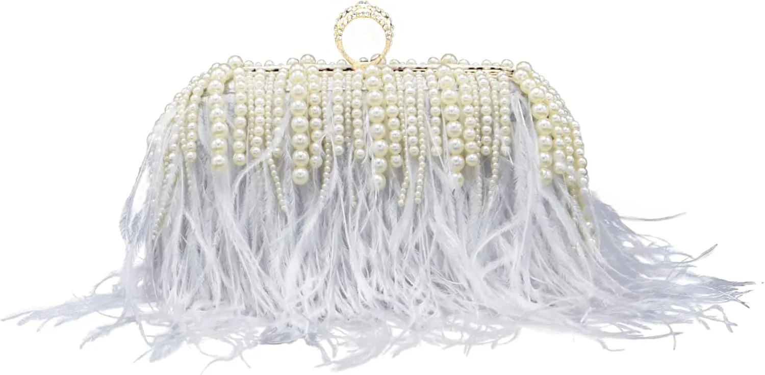 Miuco Ostrich Feather Pearl Clutch Purses For Women Wedding Party Evening Dress Bag Shoulder Bag