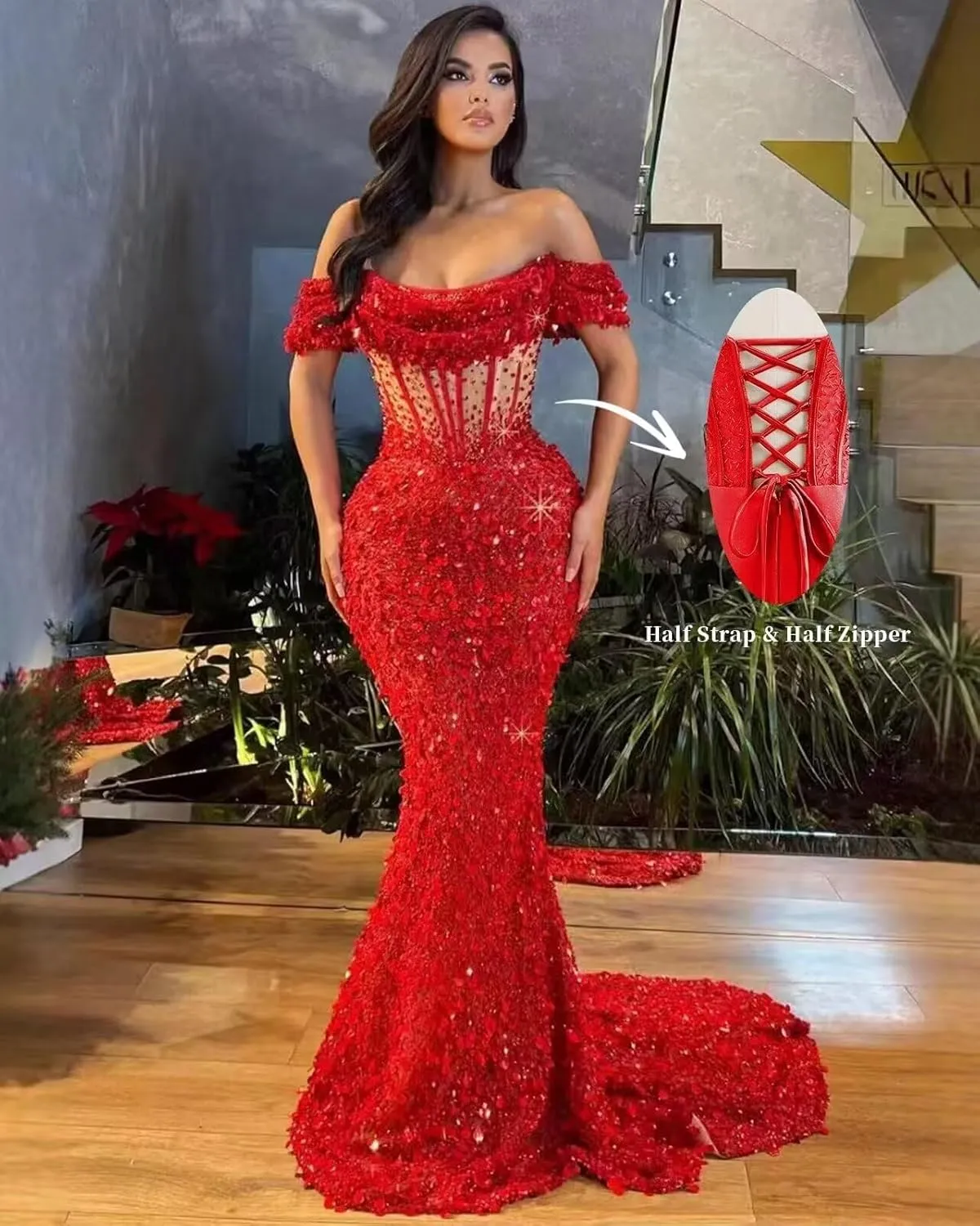 MiwiNovia Sequin Mermaid Prom Dresses for Women 2025 Sparkly Off Shoulder Formal Evening Dress with Train P1050