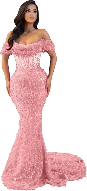 MiwiNovia Sequin Mermaid Prom Dresses for Women 2025 Sparkly Off Shoulder Formal Evening Dress with Train P1050