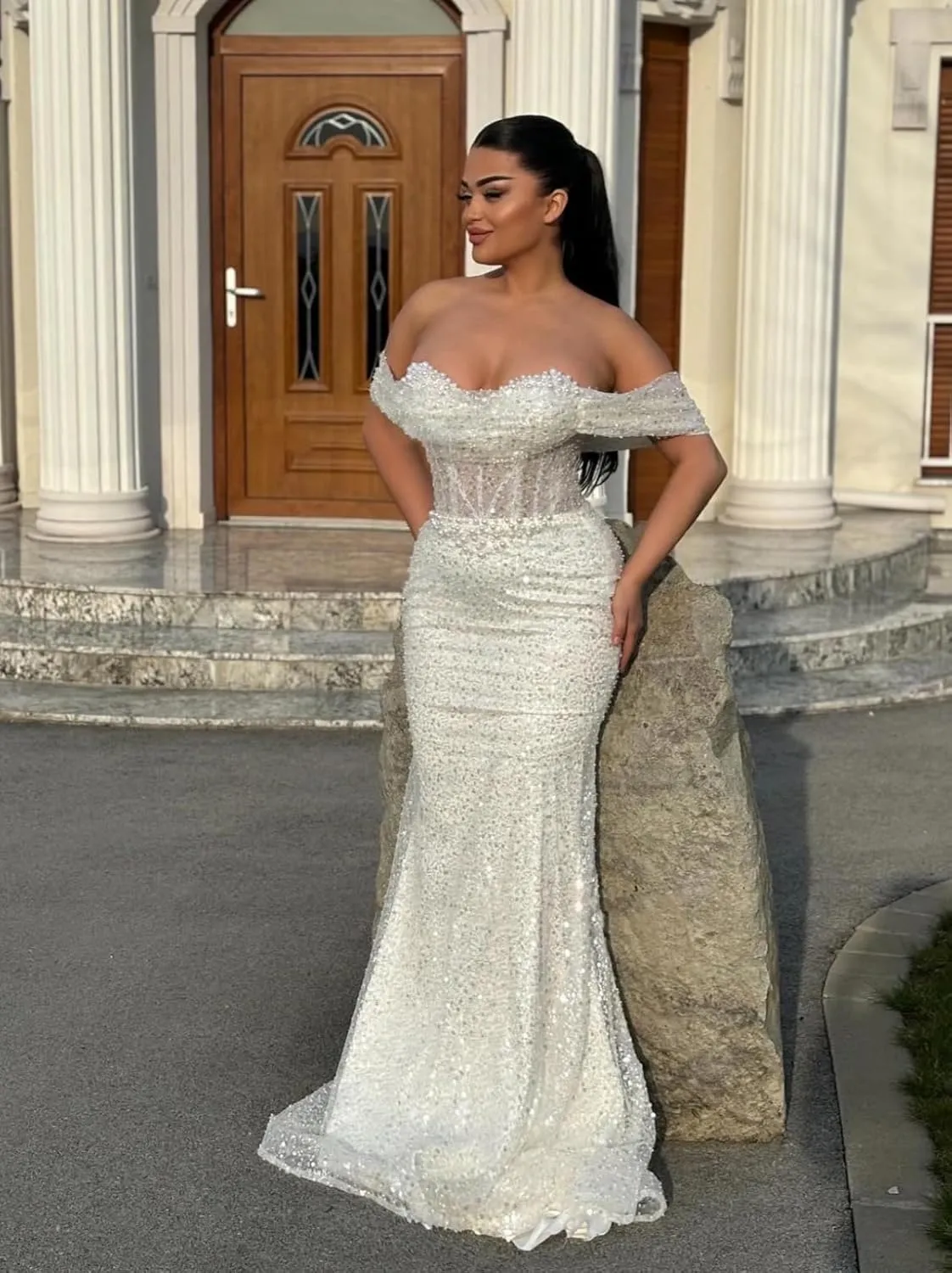 MiwiNovia Sequin Mermaid Prom Dresses for Women 2025 Sparkly Off Shoulder Formal Evening Dress with Train P1050