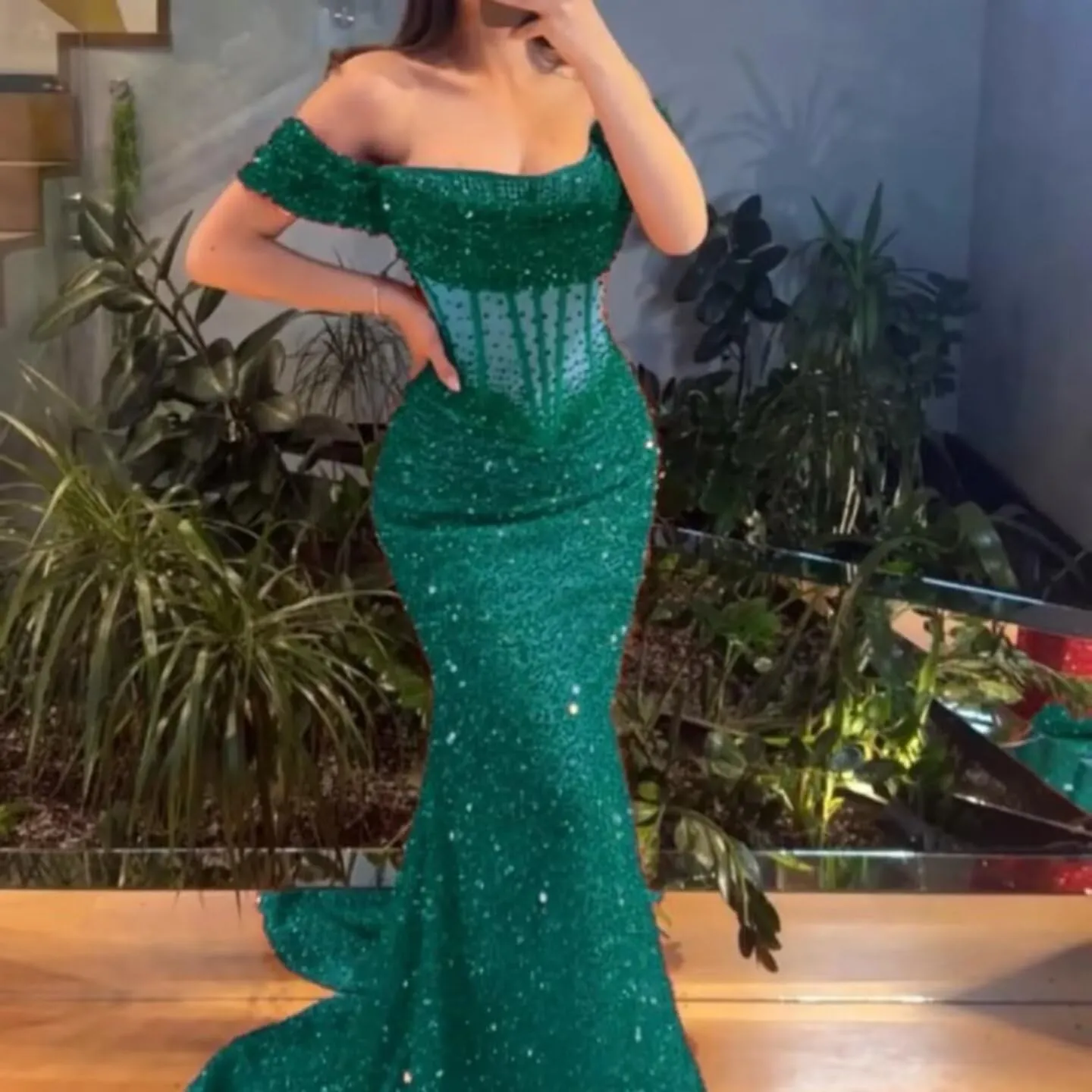 MiwiNovia Sequin Mermaid Prom Dresses for Women 2025 Sparkly Off Shoulder Formal Evening Dress with Train P1050