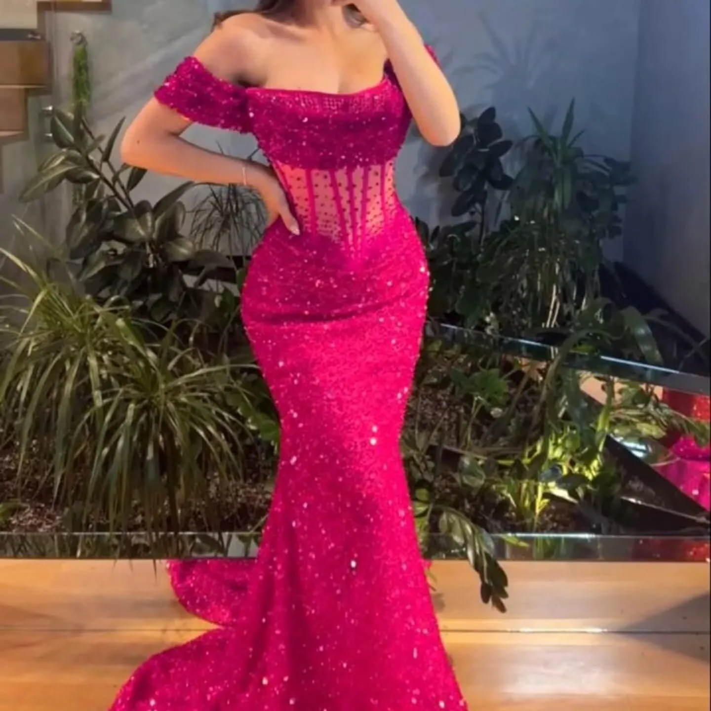 MiwiNovia Sequin Mermaid Prom Dresses for Women 2025 Sparkly Off Shoulder Formal Evening Dress with Train P1050