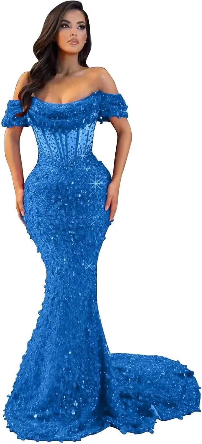MiwiNovia Sequin Mermaid Prom Dresses for Women 2025 Sparkly Off Shoulder Formal Evening Dress with Train P1050