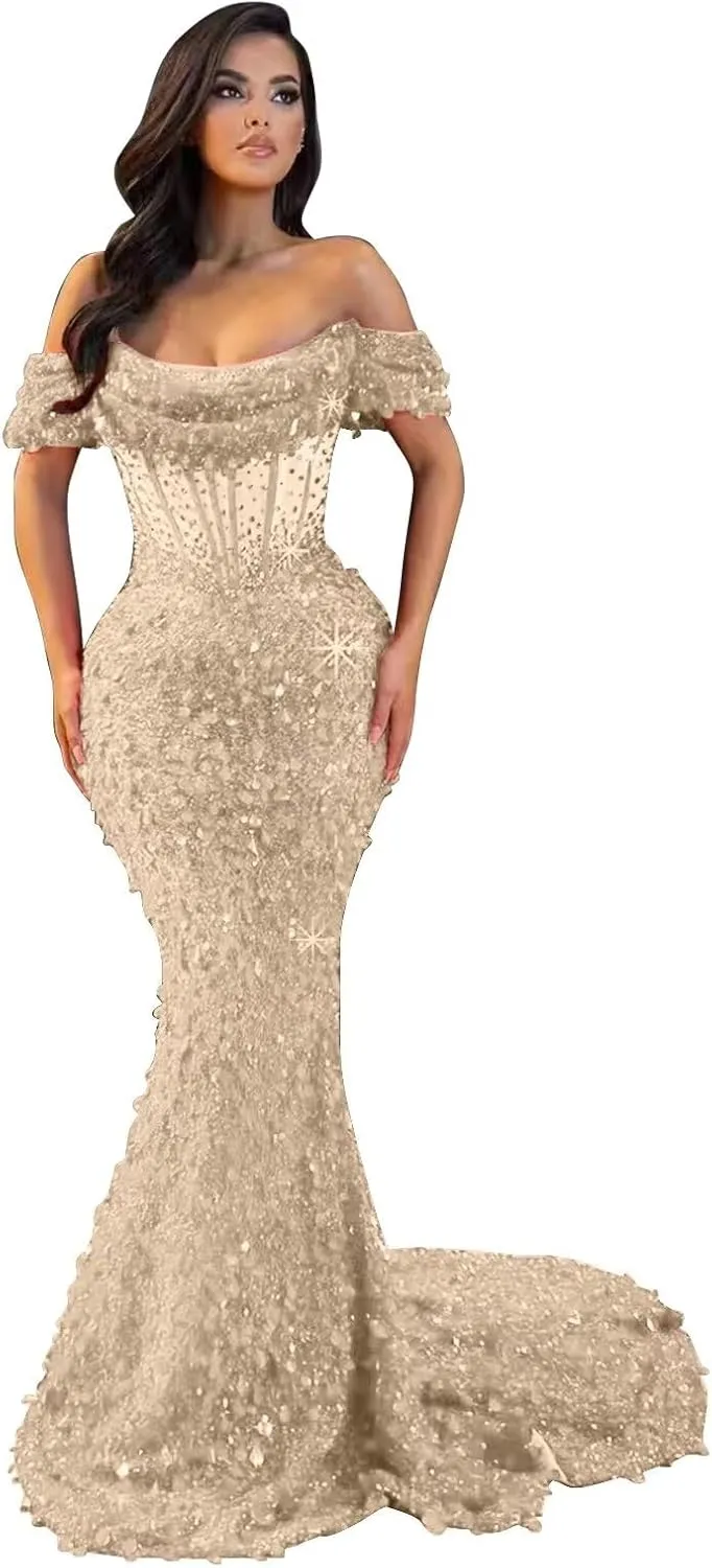 MiwiNovia Sequin Mermaid Prom Dresses for Women 2025 Sparkly Off Shoulder Formal Evening Dress with Train P1050