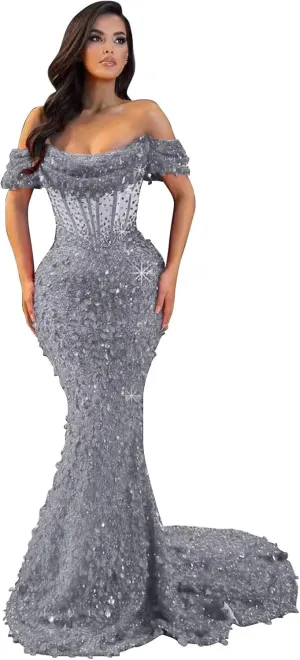 MiwiNovia Sequin Mermaid Prom Dresses for Women 2025 Sparkly Off Shoulder Formal Evening Dress with Train P1050