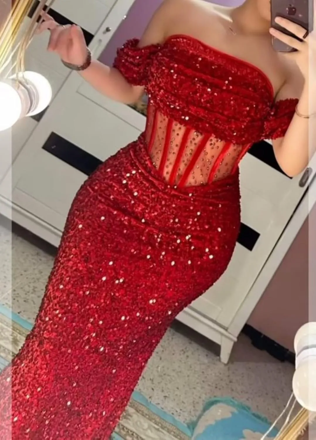 MiwiNovia Sequin Mermaid Prom Dresses for Women 2025 Sparkly Off Shoulder Formal Evening Dress with Train P1050