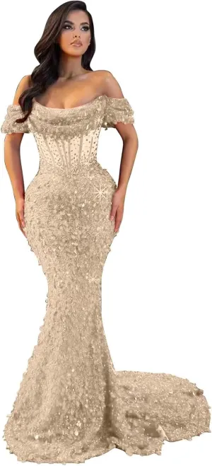 MiwiNovia Sequin Mermaid Prom Dresses for Women 2025 Sparkly Off Shoulder Formal Evening Dress with Train P1050