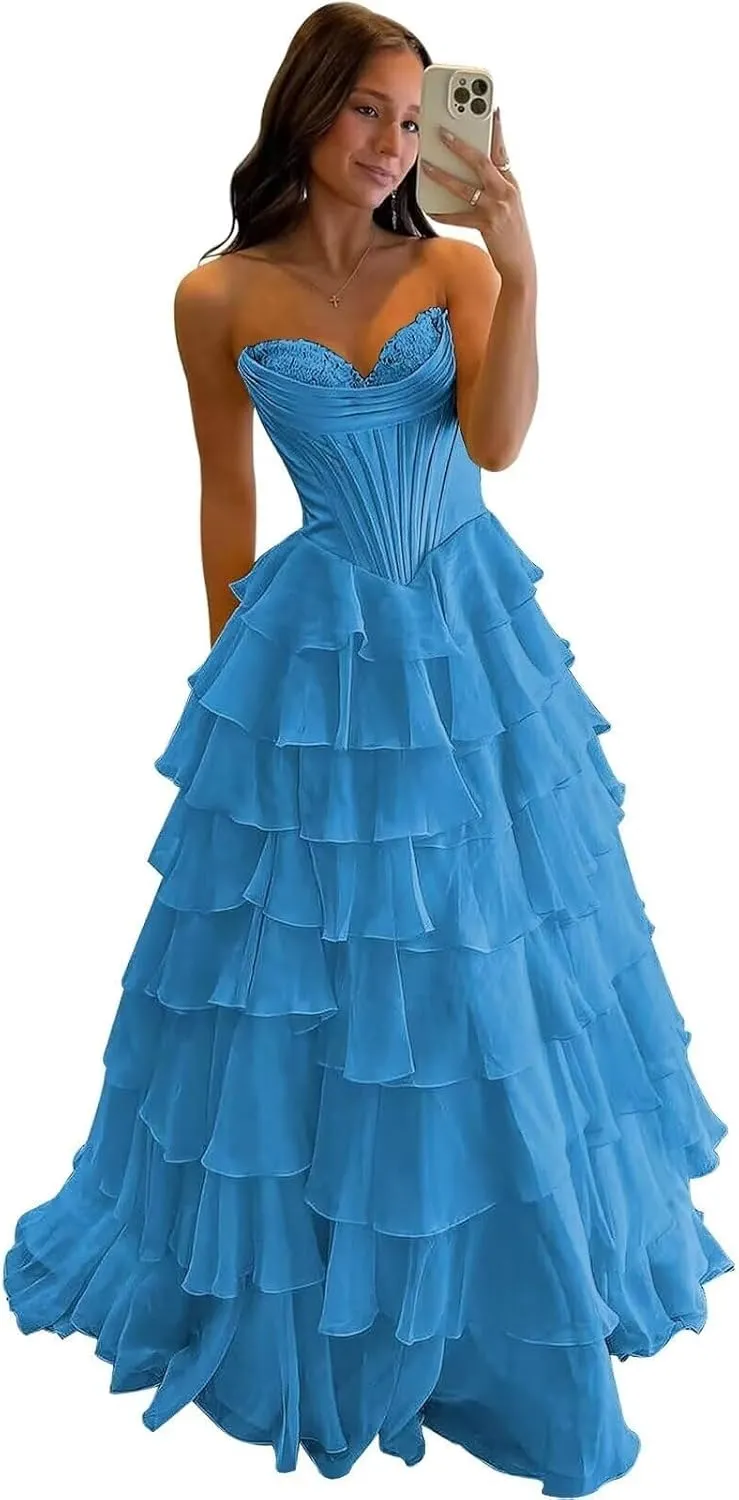 MiwiNovia Strapless Prom Dresses for Women 2025 Chiffon Layered Formal Evening Dress A Line Corset Party Gowns with Slit PA11