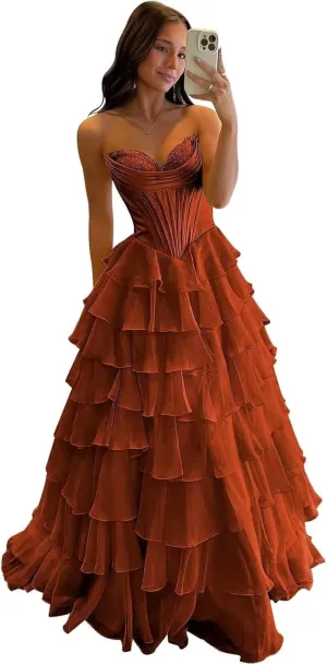 MiwiNovia Strapless Prom Dresses for Women 2025 Chiffon Layered Formal Evening Dress A Line Corset Party Gowns with Slit PA11