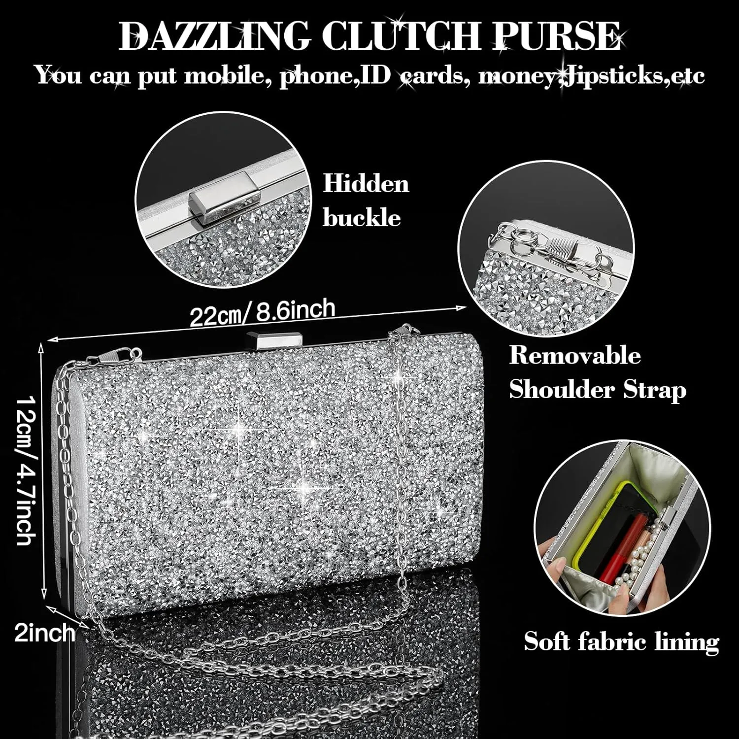 Mixweer 4 Pieces Clutch Purses Bag for Women Evening Rhinestone Jewelry Set Bling Necklace Earrings Bracelets Set for Wedding