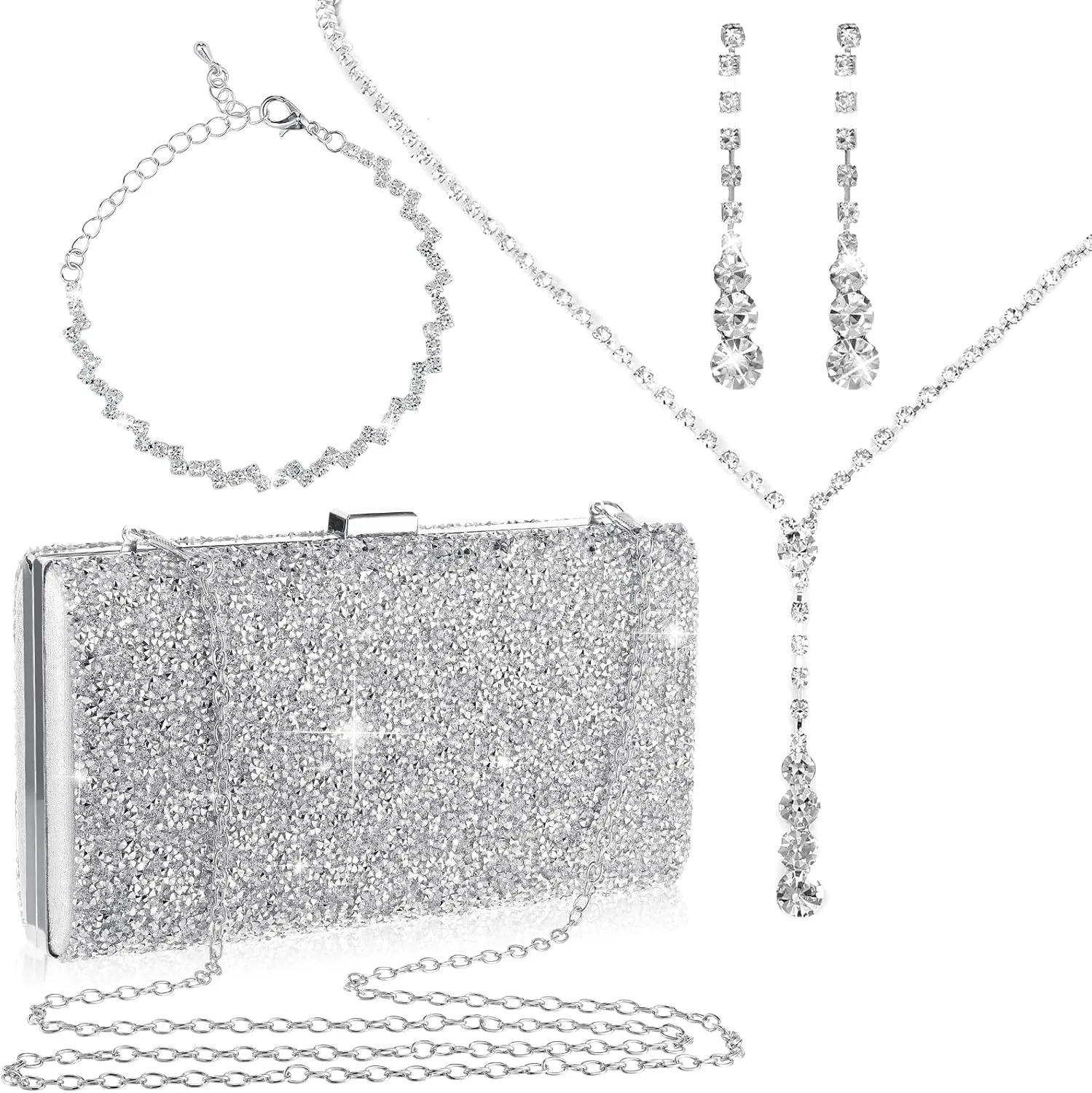 Mixweer 4 Pieces Clutch Purses Bag for Women Evening Rhinestone Jewelry Set Bling Necklace Earrings Bracelets Set for Wedding