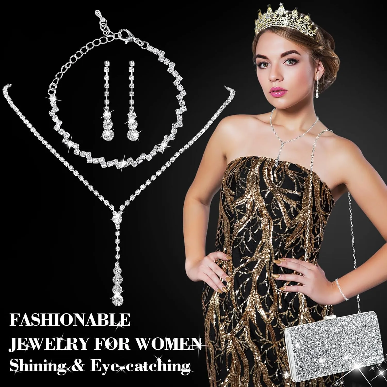 Mixweer 4 Pieces Clutch Purses Bag for Women Evening Rhinestone Jewelry Set Bling Necklace Earrings Bracelets Set for Wedding