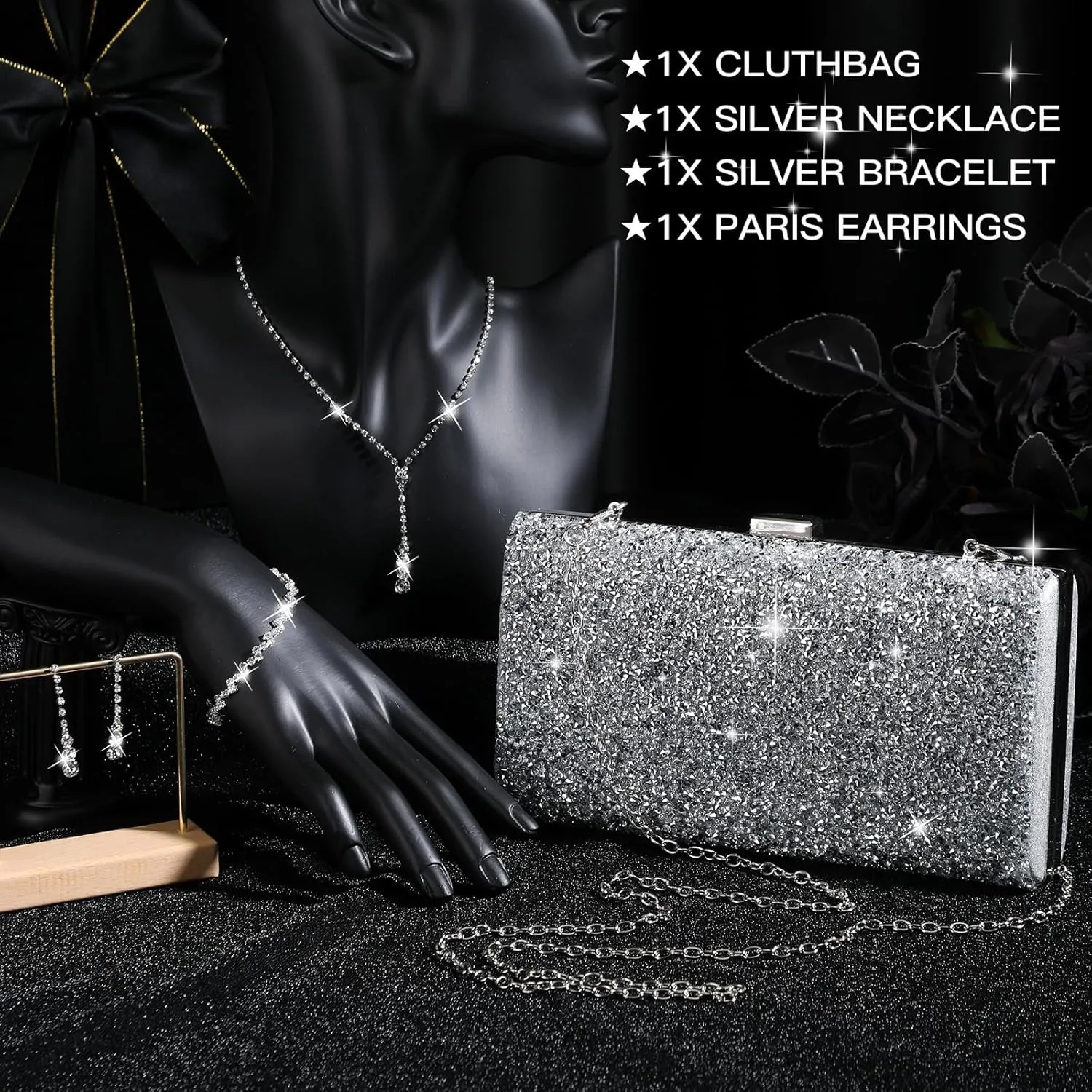 Mixweer 4 Pieces Clutch Purses Bag for Women Evening Rhinestone Jewelry Set Bling Necklace Earrings Bracelets Set for Wedding