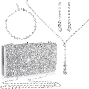 Mixweer 4 Pieces Clutch Purses Bag for Women Evening Rhinestone Jewelry Set Bling Necklace Earrings Bracelets Set for Wedding