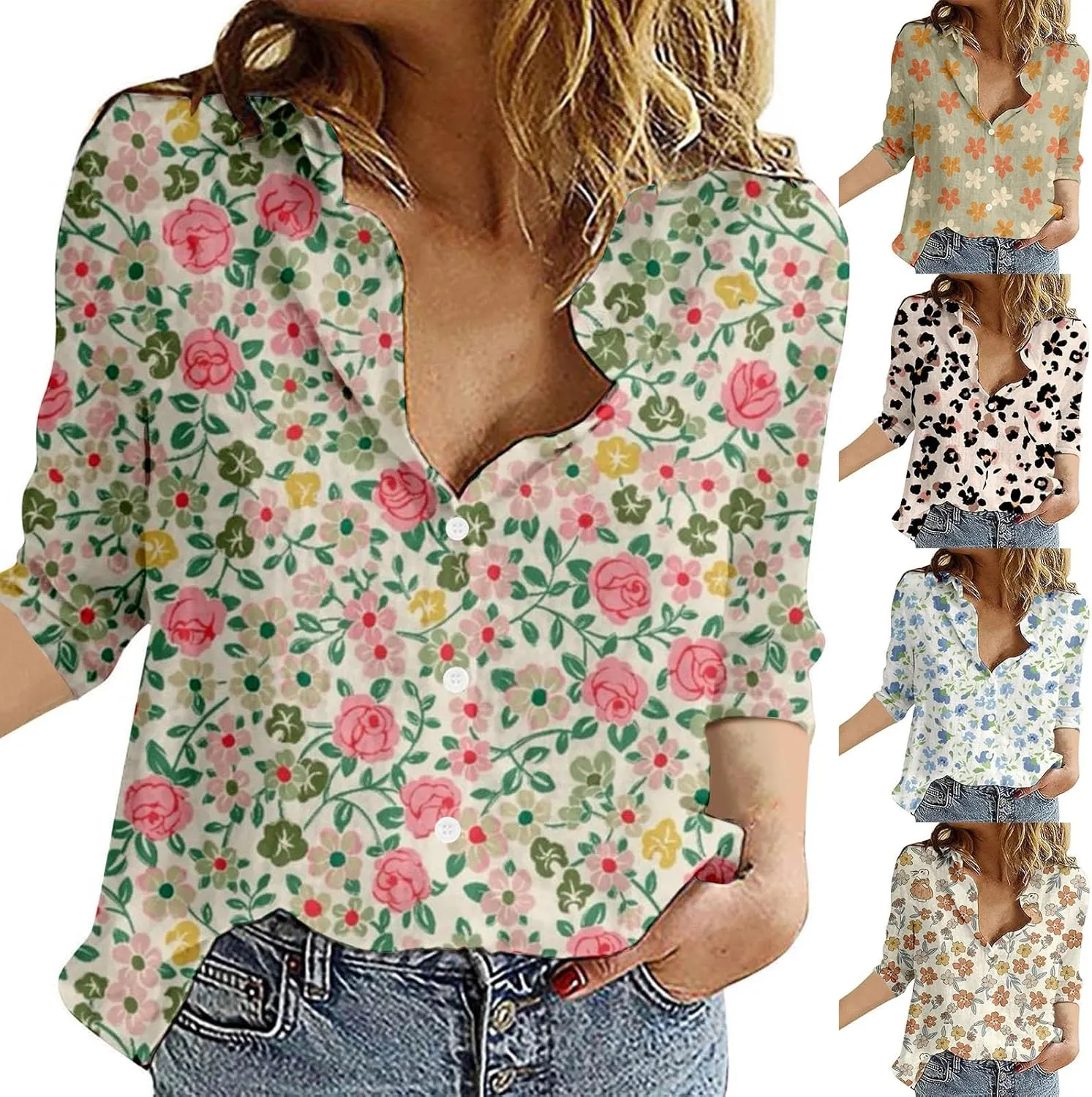 Miyaomn Casual Floral Linen Tops for Women Long Sleeve Button Down Shirts All Over Print V Neck Loose Fit Summer Fall Blouses