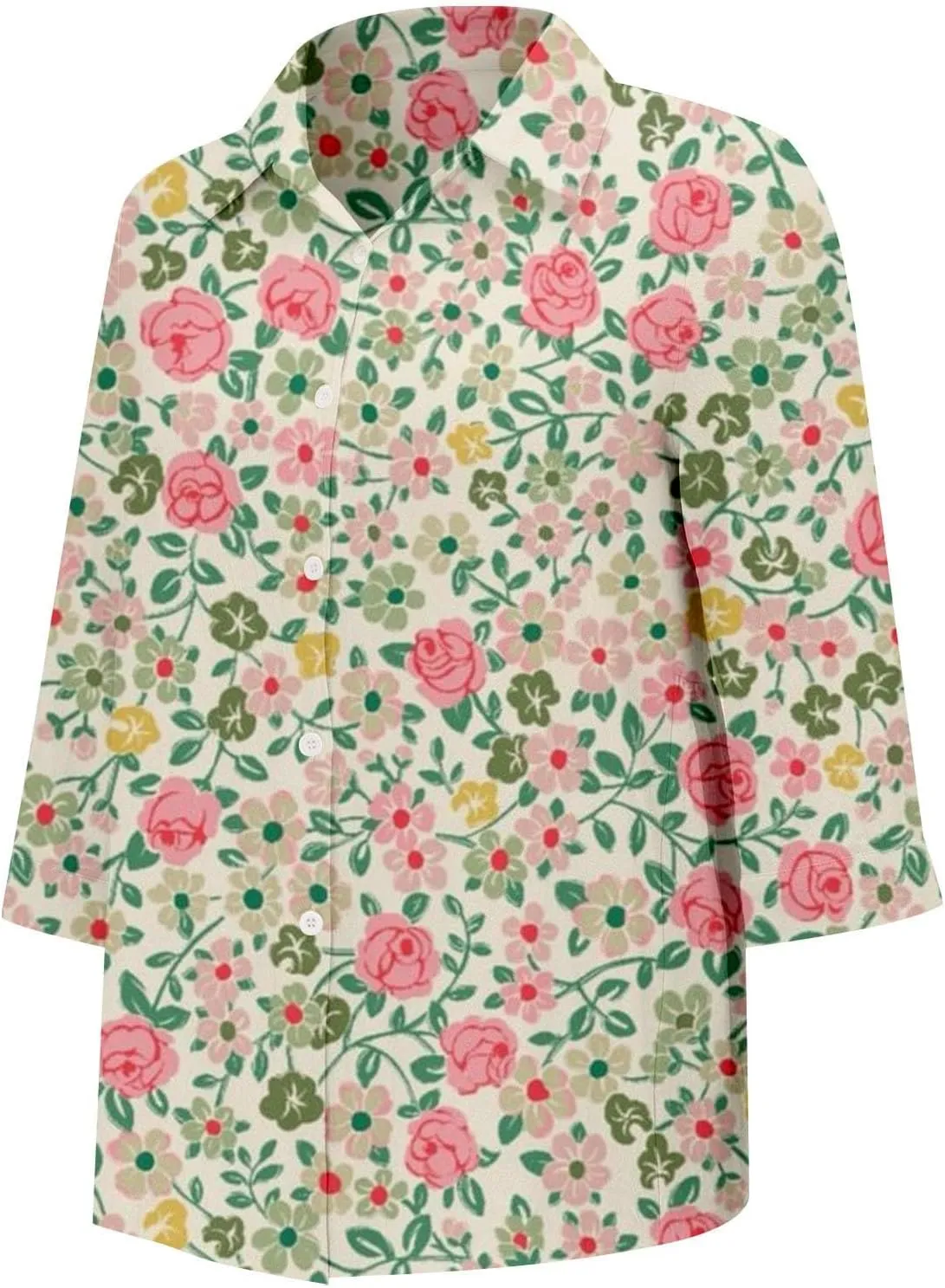 Miyaomn Casual Floral Linen Tops for Women Long Sleeve Button Down Shirts All Over Print V Neck Loose Fit Summer Fall Blouses