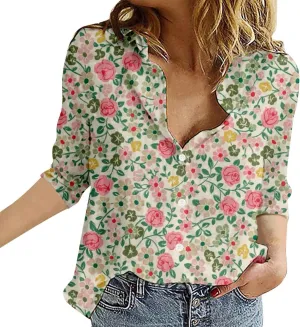 Miyaomn Casual Floral Linen Tops for Women Long Sleeve Button Down Shirts All Over Print V Neck Loose Fit Summer Fall Blouses
