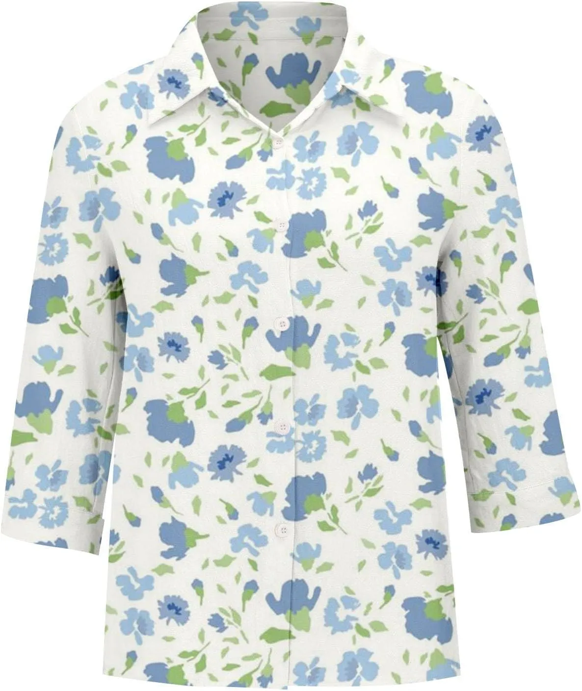 Miyaomn Casual Floral Linen Tops for Women Long Sleeve Button Down Shirts All Over Print V Neck Loose Fit Summer Fall Blouses