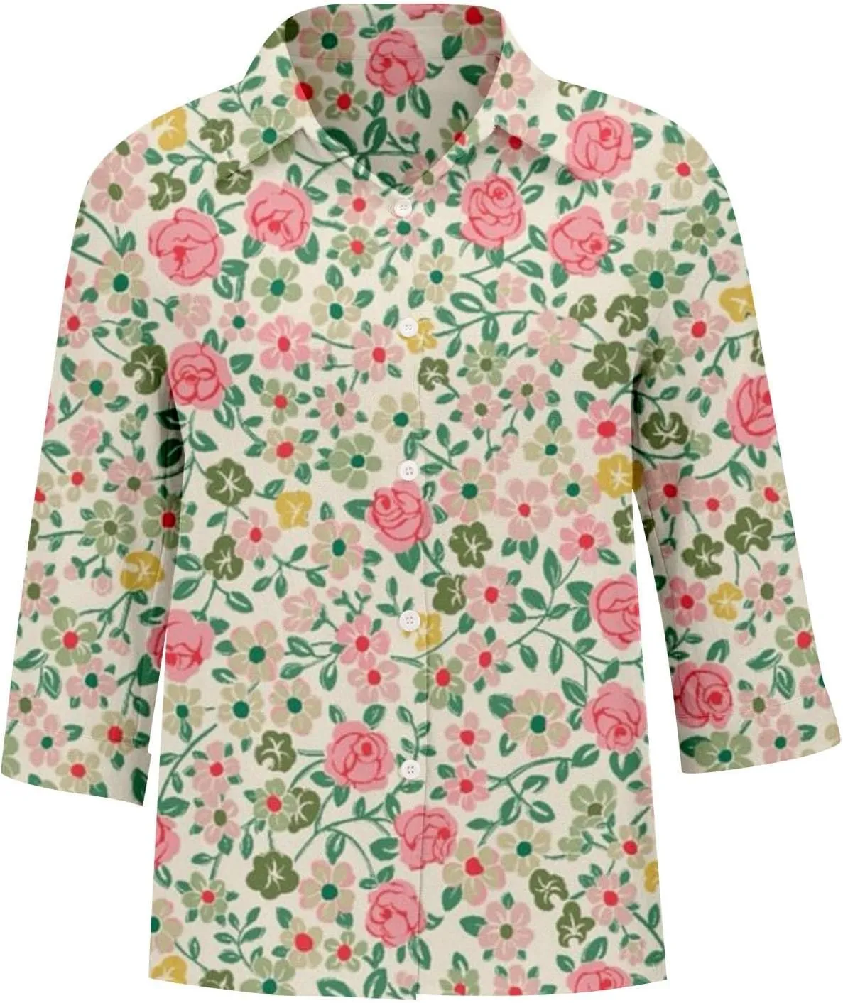 Miyaomn Casual Floral Linen Tops for Women Long Sleeve Button Down Shirts All Over Print V Neck Loose Fit Summer Fall Blouses