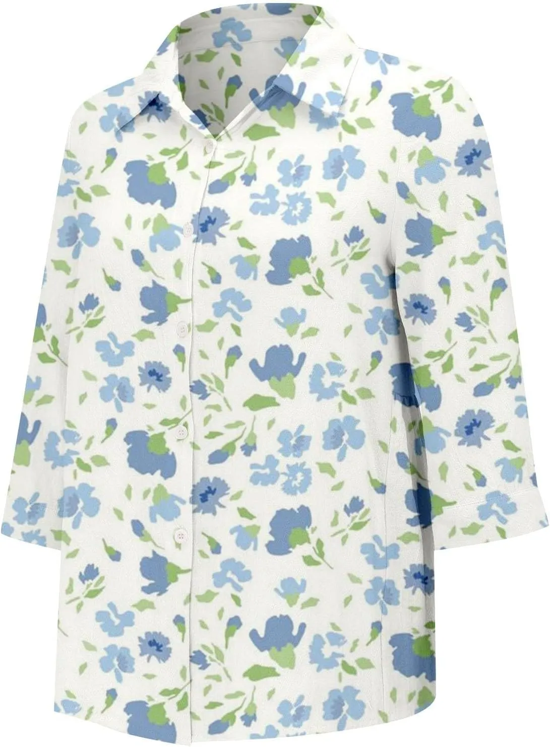 Miyaomn Casual Floral Linen Tops for Women Long Sleeve Button Down Shirts All Over Print V Neck Loose Fit Summer Fall Blouses