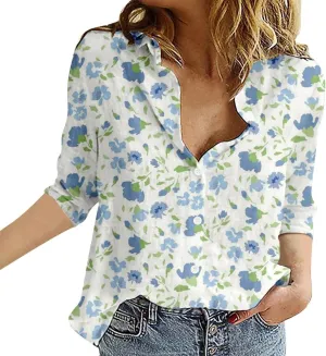 Miyaomn Casual Floral Linen Tops for Women Long Sleeve Button Down Shirts All Over Print V Neck Loose Fit Summer Fall Blouses