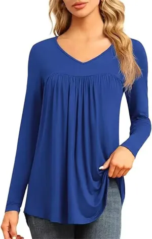 Miyaomn Casual Long Sleeve Tunic Tops for Women V Neck Pleated Front T-Shirts Hide Belly Slim Fit Spring Fall Dressy Blouses