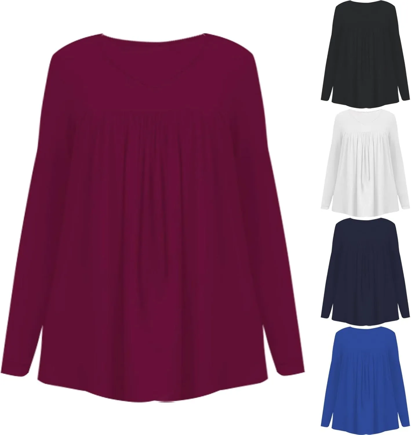 Miyaomn Casual Long Sleeve Tunic Tops for Women V Neck Pleated Front T-Shirts Hide Belly Slim Fit Spring Fall Dressy Blouses