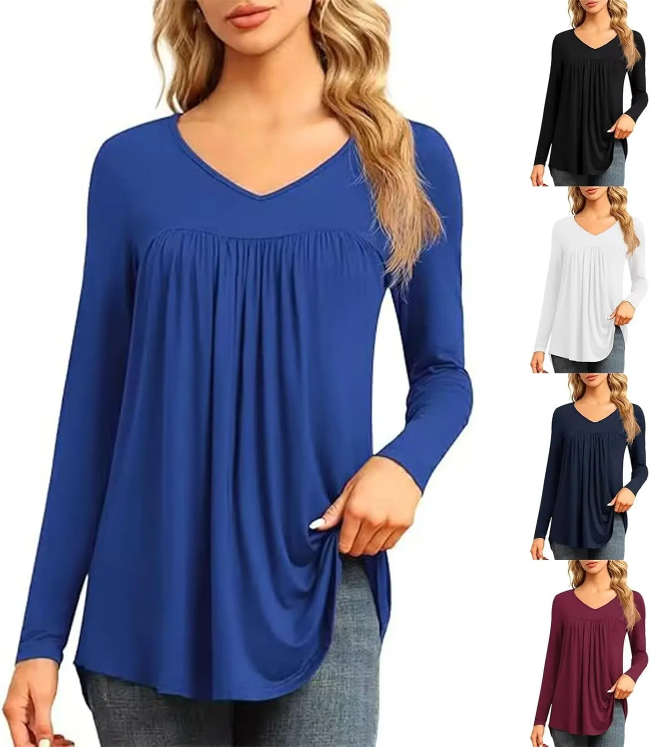 Miyaomn Casual Long Sleeve Tunic Tops for Women V Neck Pleated Front T-Shirts Hide Belly Slim Fit Spring Fall Dressy Blouses