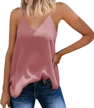 Miyaomn Chiffon V Neck Cami Tank Tops for Women Loose Fit Flowy Spaghetti Strap Camisole Summer Casual Sleeveless Vest Shirts