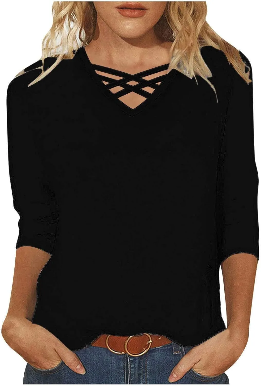 Miyaomn Women's 3/4 Sleeve T-Shirts Crisscross V Neck Solid Color Casual Blouse Slim Fit Lightweight Summer Autumn Basic Tops